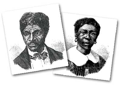 Two etchings circa 1857, Dred Scott on the left and his wife Harriet Scott on the right