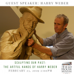 Promotional image for guest speaker Harry Weber, featuring a photo of Weber and a sculpture of a man