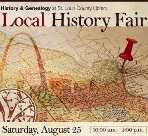 Promotional image for the Local History Fair; background features a map of the St. Louis area with a red pin near downtown 