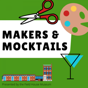 green Makers and Mocktails logo with scissors, martini glass, and paint palette