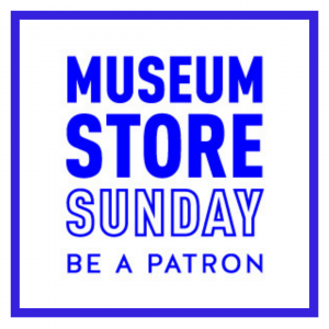 A logo for Museum Store Sunday. White background with blue text and a blue border. 