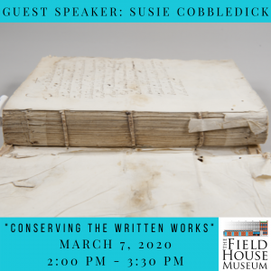 Image of a disassembled book advertising guest speaker, Susie Cobbledick