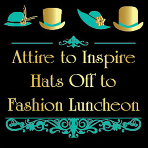 Fashion fundraiser image. Black background with teal and gold hats. 